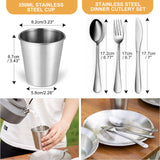Odoland Stainless Steel Camping Mess Kit for Family & 4 Person, Cooking Tableware Utensils with Plates Bowls Forks Spoons Knives & Savings Bag for Camping, Backpacking, Hiking, Picnic, 4 Person Set