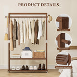 Wamhom Solid Wood Clothes Rack with Wheels | 3-in-1 Freestanding Garment Rack & Coat Tree, Extra-Long Rod, Two Shelves, 220 lb Load | Organizer for Bedroom & Entryway
