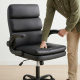 BOWTHY Mid Back Office Desk Chair,Leather Conference Room Chairs,Ergonomic Home Computer Chair,Modern Executive Chair with Padded Flip-up Armrest and Swivel Wheels (Black)