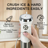 Megawise HB-2043 1000W 5-in-1 Immersion Hand Blender, Powerful Stick Blender with Variable Speed & Turbo, Stainless Steel Blades, Includes Whisk, Milk Frother, Chopper & Beaker(White)