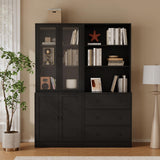 TUSY 71" H Bookshelf with Storage, 6-Tier Modern Bookshelves with 3 Large Drawer, Display Bookcase with Glass Doors, Modern 5-Tier Curio Cabinet for Home Office, Dining Room (Black, AB)