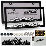 ZXFOOG Mountain License Plate Frames- Plastic Black Car Tag Holder Bracket with Screws Caps, 2 Packs 2 Hole, White on Black, Mountain Vinyl Sticker Included