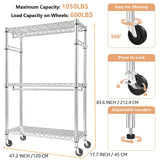 M MZG Heavy Duty Rolling Garment Rack 3 Tiers Adjustable Wire Shelving Clothes Rack with 2 Rods and Side Hooks, Storage Closet Clothing Rack with Wheels Chrome 17.7" D x 47.2" W x 83.6" H