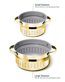 Caraway Small & Large Steamer Set – Made with Handles - Non Stick, Non Toxic Coating - Steam Veggies, Seafood, and More - Compatible With Our Dutch Oven or Sauce Pan – 3qt & 6.5qt - Gold