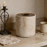 Natural Travertine Textures Mini Trash Can with Rose Gold Stainless Steel Lid, Mini Countertop Trash Can for Bathroom Kitchen, Desk or Table top Mini Garbage Can, Resin Tiny Waste Basket for Vanity