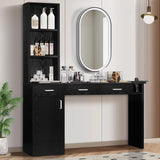 4ever2buy Salon Station for Hair Stylist, Salon Wall Station with Barber Cabinet, Hair Stations Equipment Hair Dryer Holder, Drawers, Wall Mount Barber Beauty Station, Mirror not Included, Black