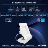 LUXRITE 6 Inch LED Recessed Light, Regressed Mini Panel Spotlight, 5CCT 2700K-5000K, 19/25/32 Watts, 1800/2400/3000 Lumens, Dual Dimmable (TRIAC & 0–10V), 100° Beam, Wet Rated, ETL, Square (6 Pack)