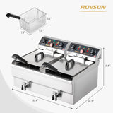 ROVSUN 24.9QT Electric Deep Fryer w/Frying Baskets Timer Drains & Lids, Dual Tank Kitchen Countertop Commercial Frying Machine, Adjustable Temperature, for French Fries Donuts Onion Rings, 3400W 110V