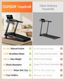 CURSOR FITNESS Treadmill with 20% Incline, Treadmills for Home 400 lb Capacity, 3.5HP Quiet Brushless, Folding Treadmill with Handle & Pulse Sensors, Running Machine for Home, 0.6-8.7MPH Speed Range