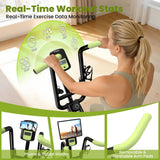 Birdfeel Foldable Exercise Bike, Multifunctional Indoor Stationary Bikes for Home with 8-Level Magnetic Resistance, Quiet Workout Bike with Arm Resistance Bands, LCD Monitor, 300LBS Capacity (Light Green)