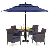 PHI VILLA 5pc Patio Dining Set with Umbrella, Round Table, Rattan Chairs