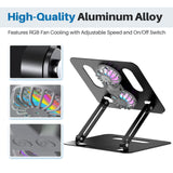 Adjustable Laptop Cooling Stand with 2 Quiet Fans & RGB Lighting, Aluminum Alloy & Foldable Ergonomic Design for MacBook