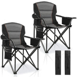 LANMOUNTAIN 2 Pack Padded Oversized Camping Chairs for Adults,Heavy Duty Support 400 Lbs,Folding Portable Lawn Chair w/Cup Holder,Cooler Bag,Side Pocket,Perfect for Outdoor Picnic,Hiking(Black)
