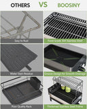 Extra Large Two Tier Stainless Steel Dish Drainer Drying Rack with Drainboard for Kitchen Counter, Modern Black and Silver, Rust Proof Metal, Space Saving Double Countertop Big Plates Dryer and Tray