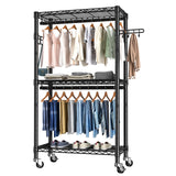 Heavy Duty Clothes Rack Rolling Garment Rack,3 Tier Adjustable Wire Shelving Clothing Racks for Hanging Clothes with Double Rods&Side Hooks,Freestanding Wardrobe Storage Rack Metal Portable Closet