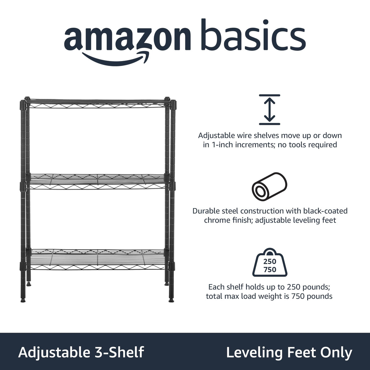 Amazon Basics 3-Shelf Adjustable Heavy Duty Steel Wire Rack Storage Sh ...