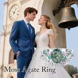 Oseew Natural Moss Agate Ring for Women 2CT Oval Cut 2 Pieces Engagement Ring Set 10K/14K/18K Solid Gold/Sterling Silver Wedding Vintage Leaf Bridal Promise Ring with Gift Box