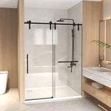 AMAPO 54 * 76 Classic Black Brushed Frameless Shower Door - 8mm Thick Tempered Safety Glass, Reinforced Stainless Steel Tracks, Suitable for ModernBathrooms, Wet-Dry Separation Bathrooms