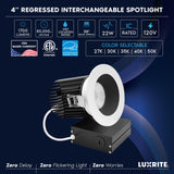 LUXRITE 4 Inch Recessed Light, Regressed Canless LED Spotlight, 5CCT 2700K-5000K, CRI90, 22W, 1700 Lumens High Output, 38º, Interchangeable Black & White Baffle Trim, Dimmable, IC & Wet Rated (4 Pack)