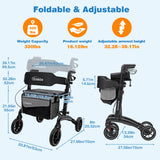 Rollator Walker for Seniors/Adults Foldable Rolling Walker with Seat 330 lbs Capacity 4 Big 8 inch Wheels Hand Grips Adjustable Height Lightweight Carbon Fiber Walker 7206(Black)