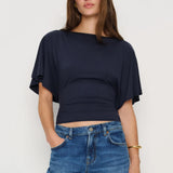 SeeLuNa Women Cinched Waist Shirts Stretchy Dolman Sleeve Boat Neck Knit Top Trendy Streetwear Outfits Basic Workout Tee Tops(Navy,XS)