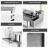 Ewaiira Dish Drying Rack, 304 Stainless Steel Dish Racks for Kitchen Counter, Dish Drainers with Automatic Drainage, Utensil Holder & Cups Holder, Space Saving Kitchen Organizer, Gray