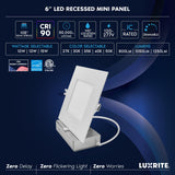 LUXRITE 6-Inch LED Recessed Light with J-Box, Canless Mini Panel Spotlight, 5CCT 2700K-5000K, 10/13/15 Watts, 800/1050/1250 Lumens, CRI90, Dimmable, 120-277V, IC Rated, Wet Rated, ETL Listed (24 Pack)