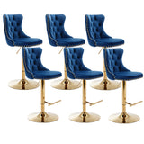MOOLSUN Rotating Velvet Bar Stools Set of 6, Modern Padded with Nailhead Trim and Tufted Back, Adjustable Swivel Counter Height Stools for Kitchen Island, Bar, Club,Blue(Gold Base)