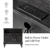 HULALA HOME Solid Wood Storage End Table with Hidden Pull-Out Shelf, Transitional 2 Drawer Side Table with Charging Station, Large SideTable with USB Ports, Easy Assembly, Charcoal