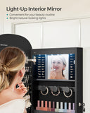 SONGMICS Jewelry Organizer, LED Jewelry Cabinet Wall/Door Mounted, Lockable Rounded Wide Mirror with Storage, Interior Mirror, 3.9 x 16.5 x 42.5 Inches, Black Surface with Black Lining