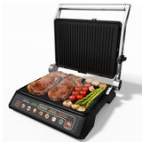 Sunvivi Indoor Grill & Griddle with Preset Menu, 1600W Electric Panini Press Sandwich Maker, Removable Nonstick Plates, Locking Lid, Double-sided Grill with 180° Flat Opening, Stainless Steel, Black