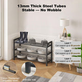 Detsuk 3-Tier Expandable Shoe Rack – Adjustable Heavy-Duty Metal Shoe Organizer Shelf for Closet, Entryway, Mudroom & Garage – Durable Freestanding Storage, Black