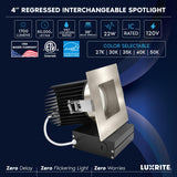 LUXRITE 4 Inch Recessed Light, Regressed Canless LED Spotlight, 5CCT 2700K-5000K, CRI90, 22W, 1700 Lumens High Output, 38º, Interchangeable Square Brushed Nickel Trim, Dimmable, IC & Wet (4 Pack)