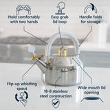 Michael Graves Design Steamy Kettle - Whistling 2.2 Quart Stainless Steel Stovetop Kettle, Induction Compatible, Ergonomic 2-Hand Grip Handle, Easy Flip Spout, Removable Lid, Fold-Down Storage Handle