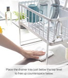 YAMAZAKI Home Two-Tier Adjustable Dish Drainer Rack, Compact Drying Rack with Hooks, Utensils Holder, Steel, Draining Spout, Water Resistant, No Assembly Req.