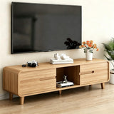 Quvex 55.1" Mid Century TV Stand for 43-60 Inch TVs, Natural Entertainment Center with Storage Cabinets, Open Shelf, Cable Management, Solid Wood Legs, Modern Media Console for Living Room