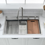 33 Inch Drop In Kitchen Sink with Waterfall Faucet Combo - VOKIM 33x22-Inch Drop In Sink Workstation Stainless Steel 16 Gauge Single Bowl Kitchen Sinks with Cutting Board
