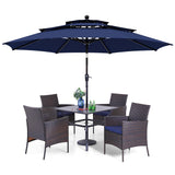 PHI VILLA 5pc Patio Dining Set with Umbrella, Square Table, Rattan Chairs