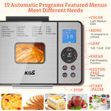 KBS 19-in-1 Programmable Bread Maker,2LB Large Bread Machine Stainless Steel with Sourdough,Gluten-Free,Nonstick Ceramic Pan,650W Bread Maker Machine with 15H Timer&1H Keep Warm,3 Crust Colors,Recipes
