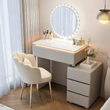 Quvex 23.6" Compact Makeup Vanity Desk with LED Sunburst Mirror & Ambient Light, Sintered Stone Top Vanity Table, 4 Drawers, Petal Chair, Extendable & Reversible Dressing Table, Khaki