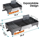FOXHIVE Large Expandable Dish Drying Rack, Dish Racks for Kitchen Counter, Space Saving & Rust Resistant Dish Drainer with Removable Drainboard & Utensil Holder, Adjustable Length 16.4 to 24.4 Inches