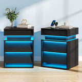 PIXOURA LED Nightstand Set of 2, Modern Night Stand with Charging Station, Sliding Top & 2 Slanted Drawers, Wood Bedside Table End Side Table for Bedroom, Living Room, Office, Black