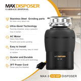 MAX DISPOSER Garbage Disposal 1/2 HP Easy install Quiet with Stopper Power Cord, Kitchen sink Food Waste Disposer Continuous Feed, Stainless Steel Grind Half Horsepower AC Motor Unit (MAX-3)