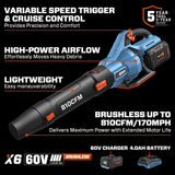60V Cordless Leaf Blower, 810 CFM & 170 MPH for Powerful Yard Cleaning, Includes 4.0Ah Battery & Charger, Features Brushless Motor, Variable Speed and Cruise Control, Ideal for Lawns and Leaf Blowing