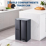 Triple Compartment Stainless Steel Trash and Recycling Bin Combo,16 Gallon,Removable Inner Buckets,Collapsible Foot Pedal,Indoor Use for Kitchen Home Office
