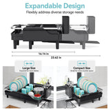 Urackify Expandable Dish Rack for Kitchen Counter,16.14"-23.62" Large Stainless Steel Dish Drying Rack with Adjustable Water Spout, Space Saving Dish Drainer with Auto Draining Cutlery Holder,Black