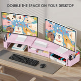 OPNICE Desk Organizers and Accessories, Dual Monitor Stand Riser with Drawer and 2 Pen Holders, Desk Shelf Computer Racks & Printer Stand for Office Workspace Organizers, Desktop Organization (Pink)