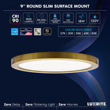 LUXRITE 9 Inch LED Flush Mount Ceiling Light, LED Surface Mount, 5CCT 2700K-5000K, 1500 Lumens, CRI90, 110° Beam Angle, 18 Watt, Dimmable, Wet Rated & UL Listed, Round Slim + Brass Trim (6 Pack)