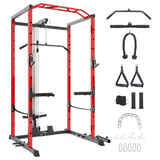 Power Cage with LAT Pulldown, Multi-Functional Power Rack with Cable Pulley System and J-Hooks, Squat Rack with Dip Bars and Landmine Attachment, Weight Cage (Black/Red)