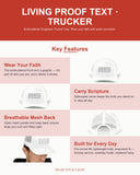 Living Proof Text Christian Trucker Hat, Embroidered Hat for Men & Women, Jesus Religious Faith Apparel Heather Grey/White